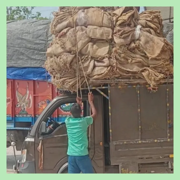 Man tying a stack of jute sacks loaded on top of a delivery truck, with colorful trucks visible in the background.