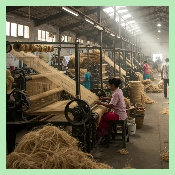 Workers weaving jute yarn on traditional looms inside a textile factory