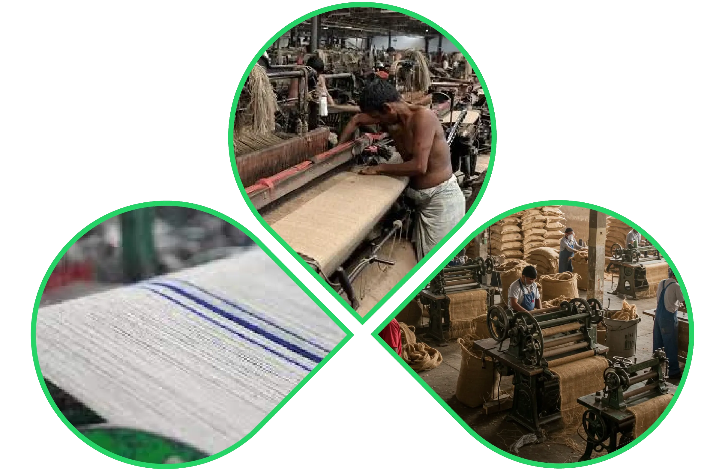 Jute fabric weaving and stitching process in a textile factory with workers operating looms and sack sewing machines
