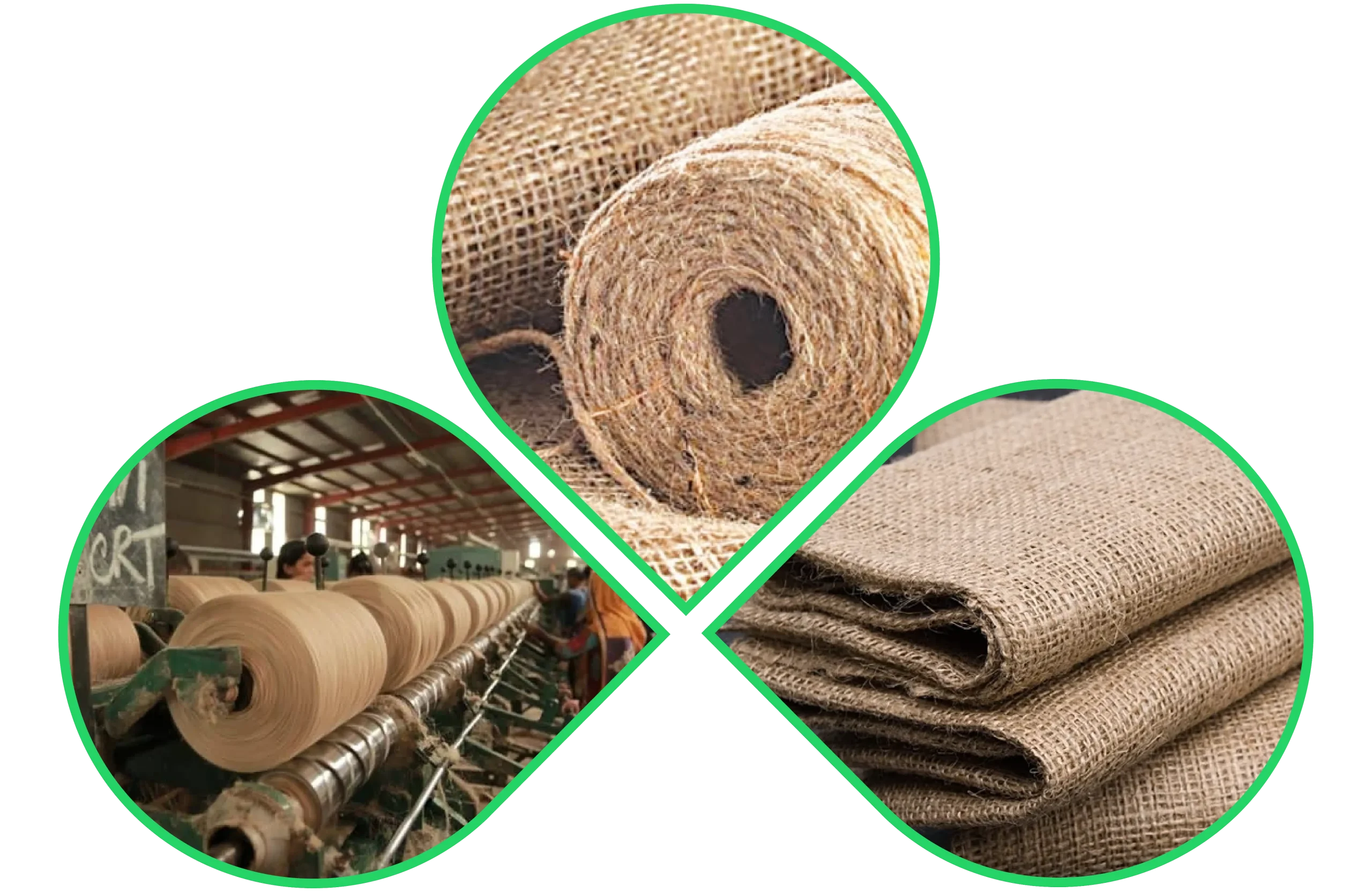 Jute fabric production process showing jute rolls, weaving machinery, and folded hessian cloth.
