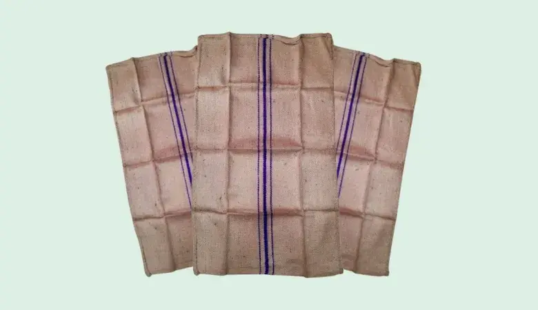 Five stacked jute sacks with blue center stripes, displayed on a light background.