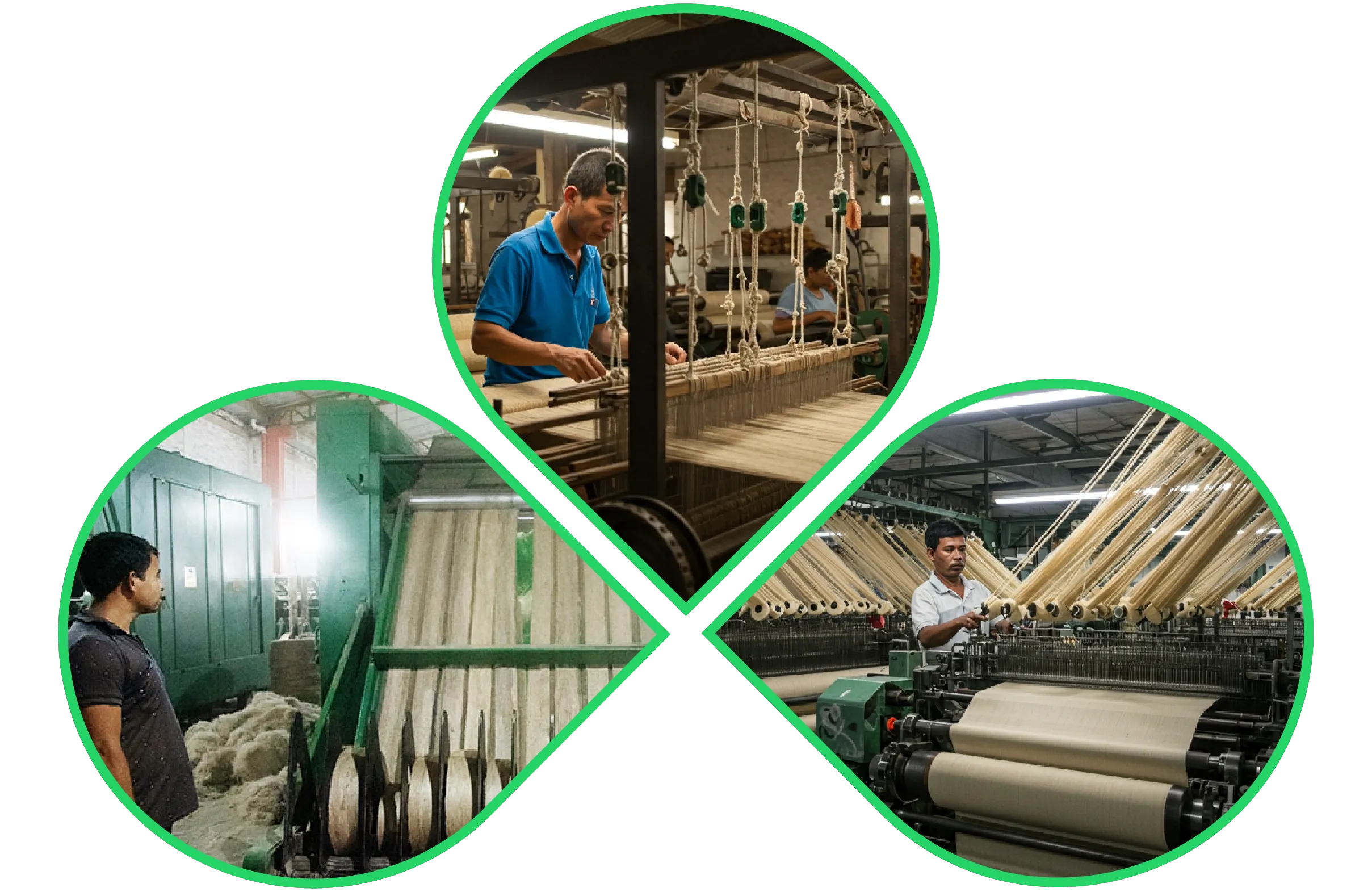 Workers operating jute processing machines in a textile manufacturing facility.