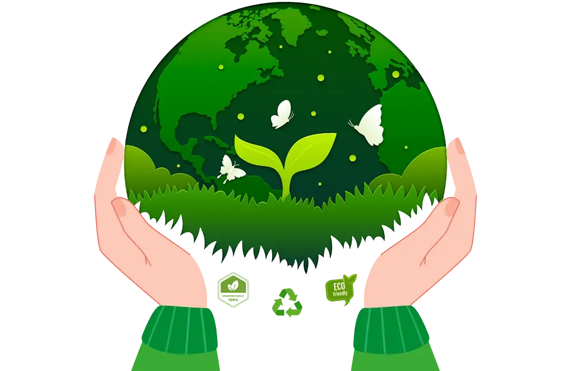 Hands holding a green earth with a sprouting plant, butterflies, and eco-friendly icons symbolizing environmental sustainability.