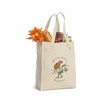 Canvas tote bag filled with groceries and flowers