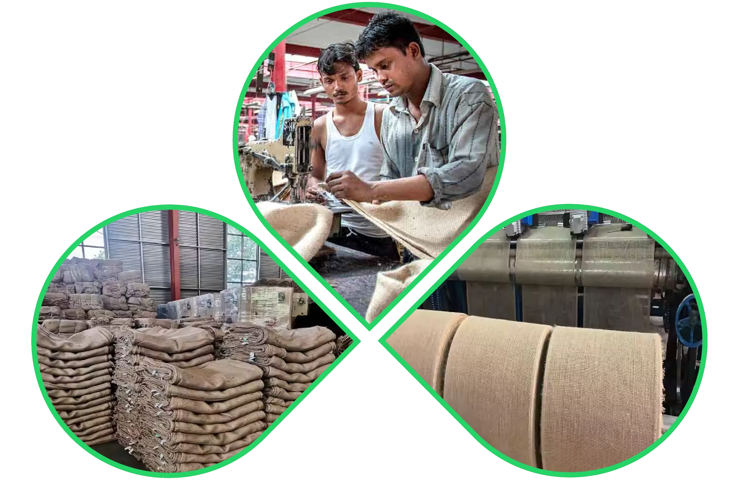 Workers stitching jute sacks in a textile unit with stacked finished bags and industrial fabric rollers in view