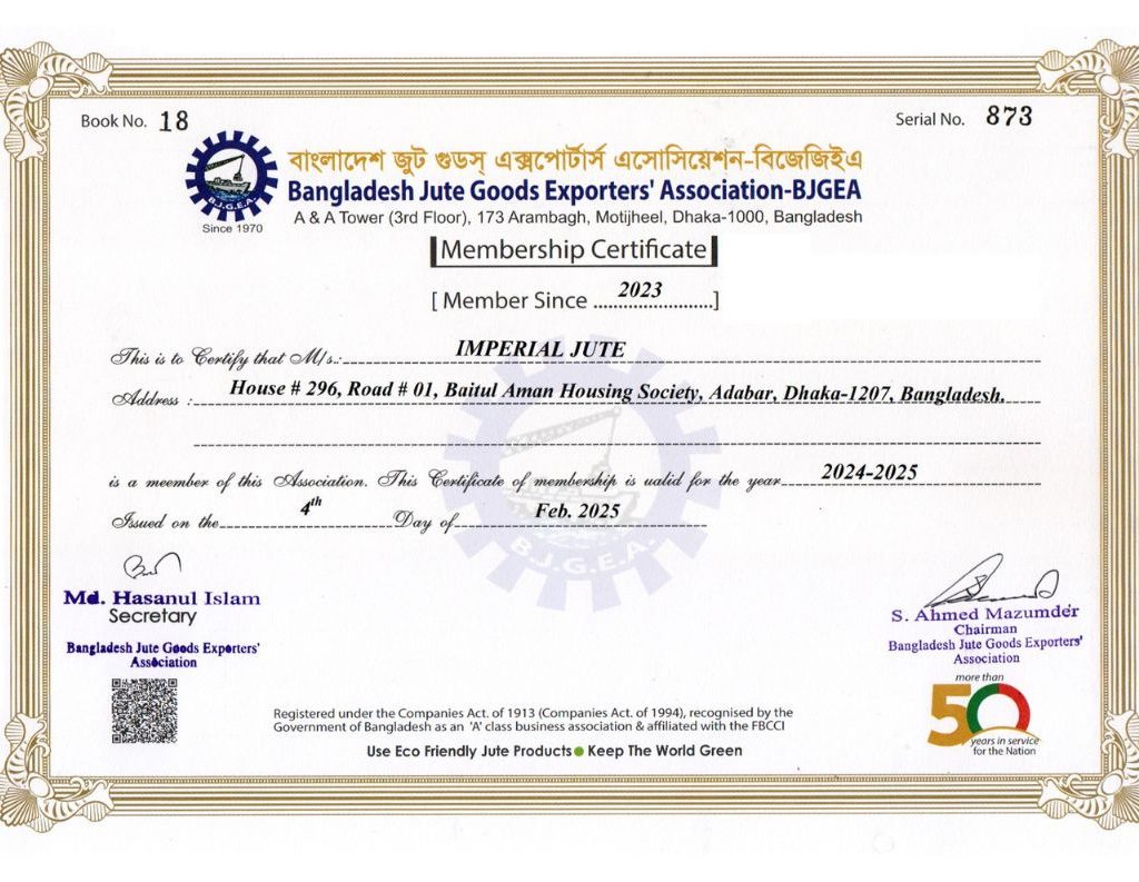 Membership certificate of Imperial Jute from Bangladesh Jute Goods Exporters' Association (BJGEA)
