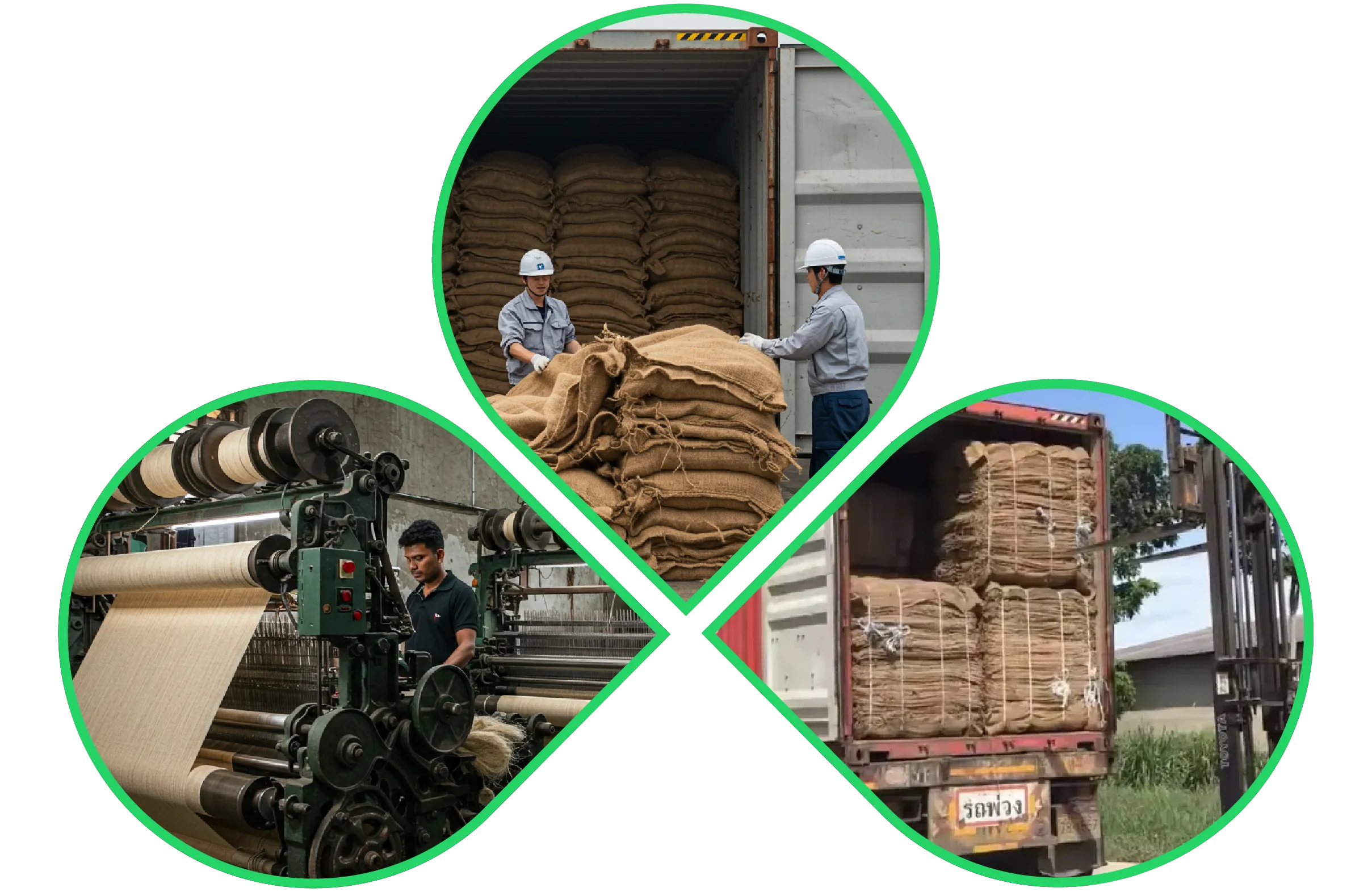 Jute fabric manufacturing and export process showing weaving machine