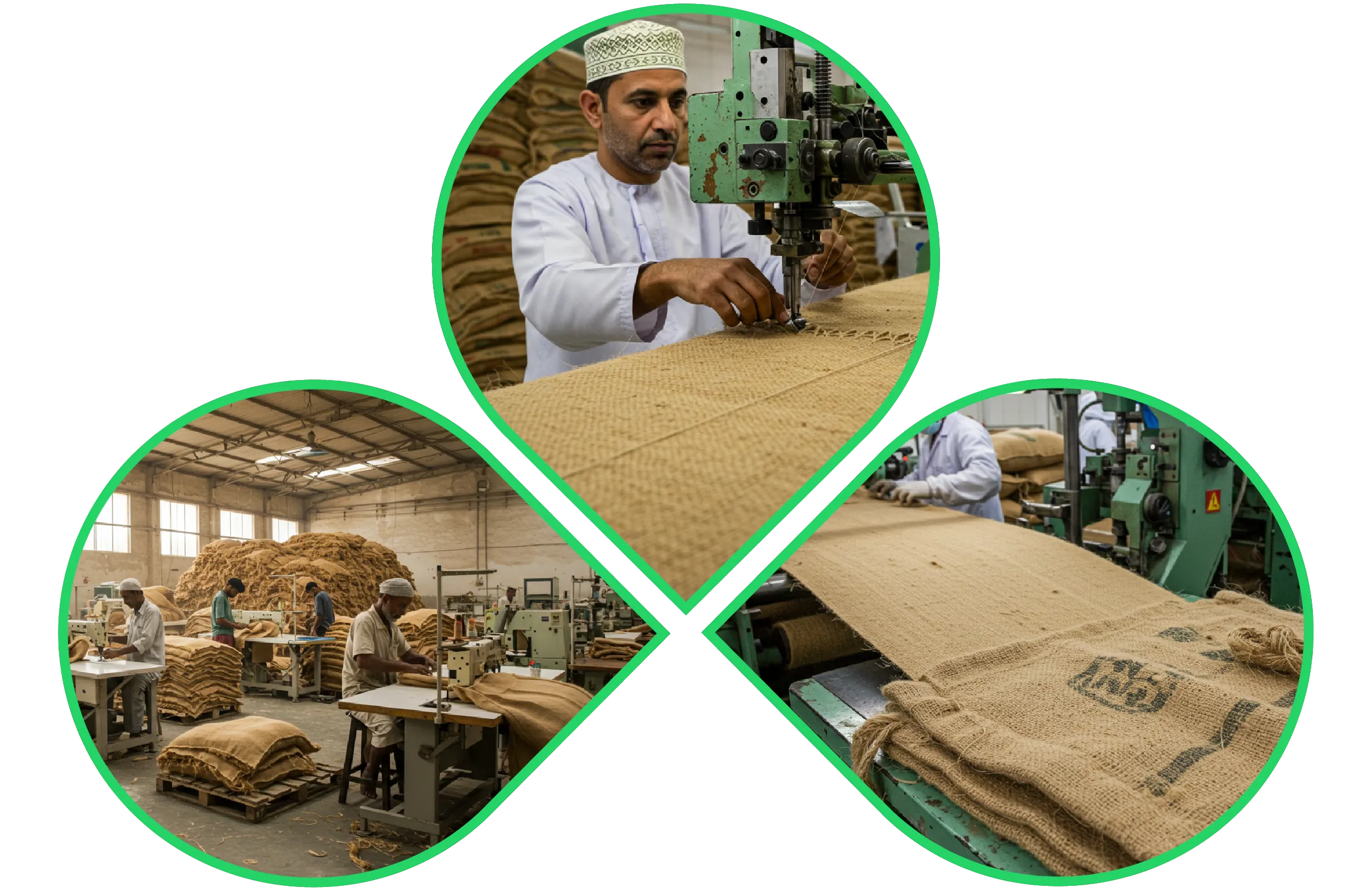Workers in a jute bag factory stitching and processing burlap sacks using industrial sewing machines.