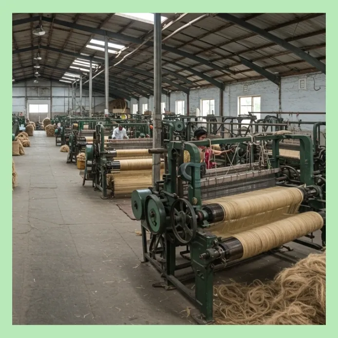 Jute weaving machines in operation inside a textile manufacturing unit