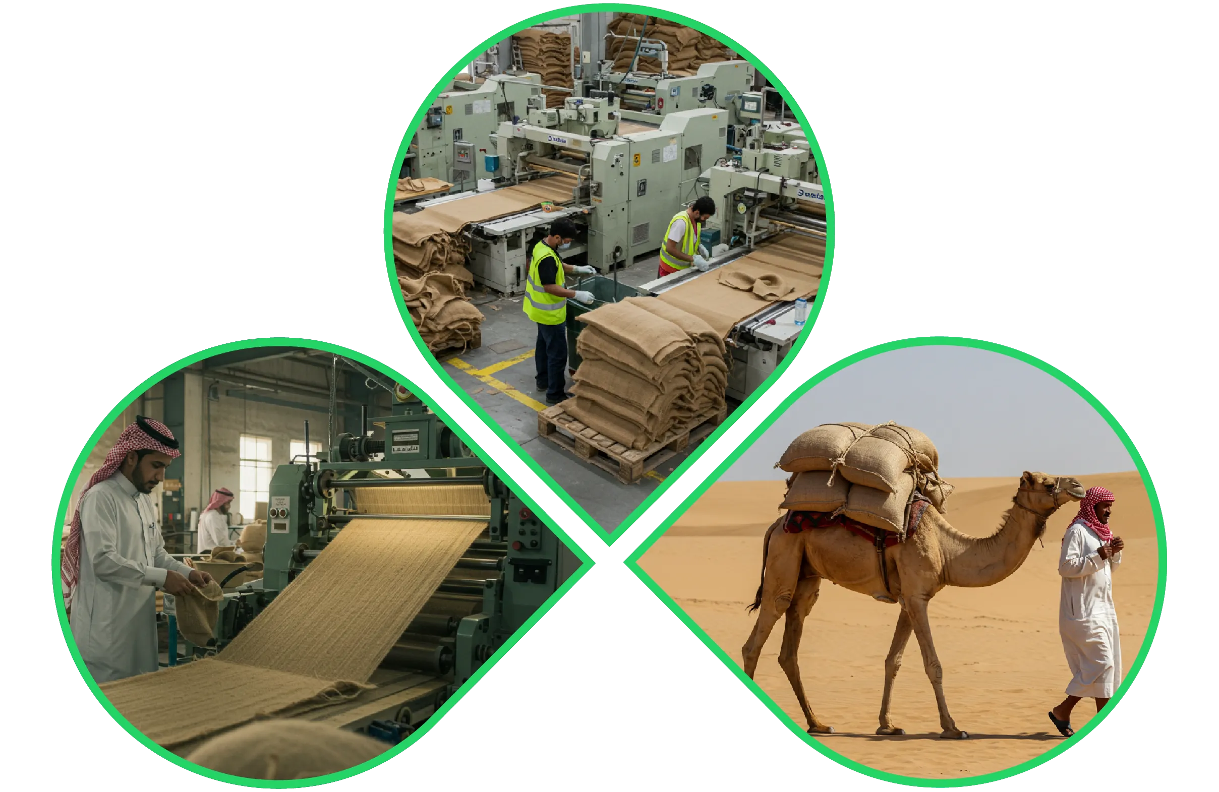 Jute bag manufacturing, packing, and desert transport with sacks loaded on a camel