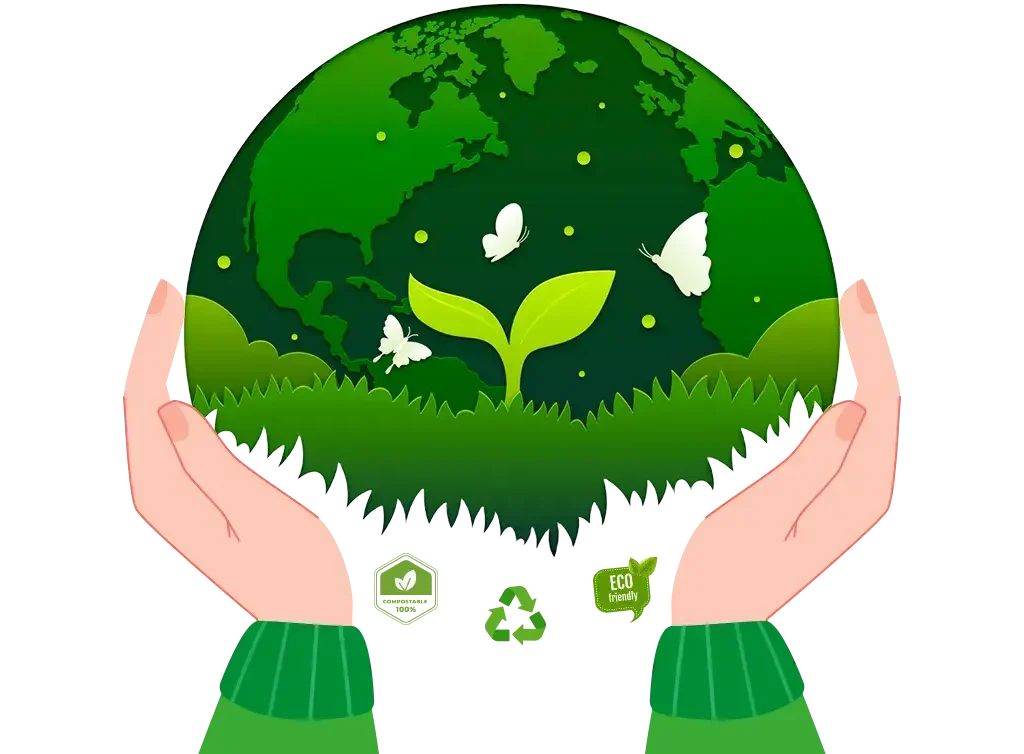 Hands holding a green earth with a sprouting plant, butterflies, and eco-friendly icons symbolizing environmental sustainability.