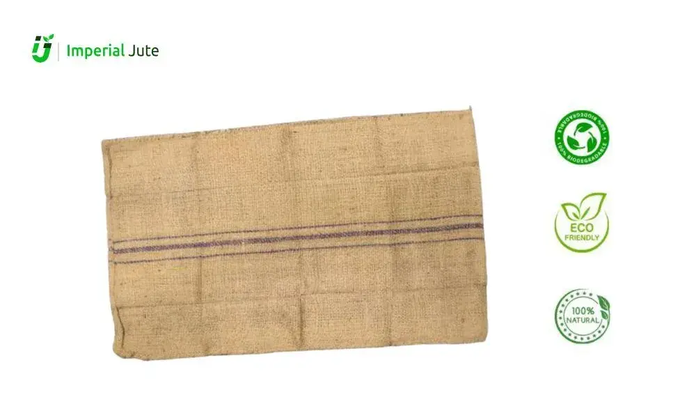Eco-friendly jute gunny bag with natural fiber texture and green certification icons