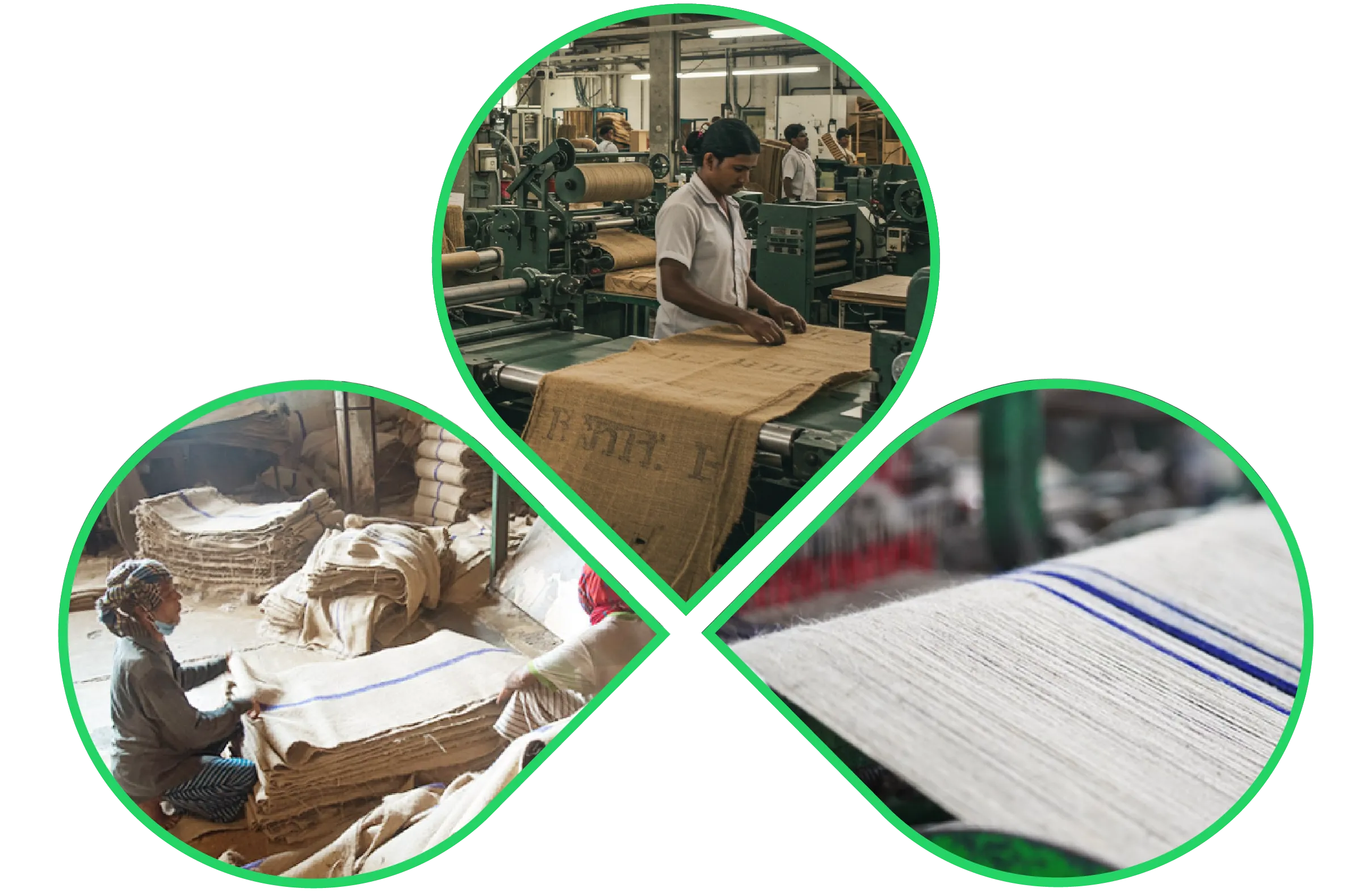 Jute bag quality control and folding process with workers handling striped hessian fabric