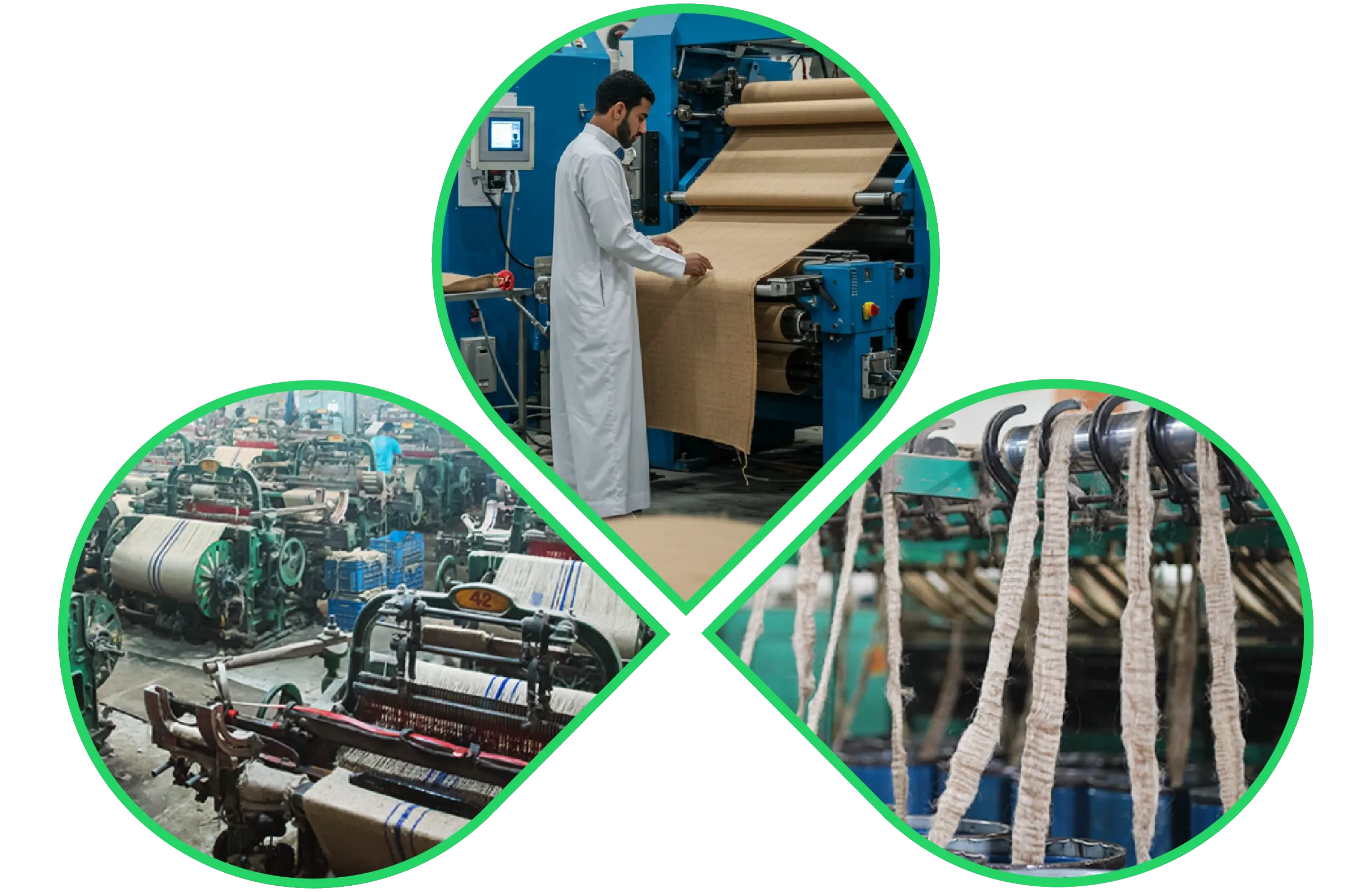 Collage showing jute fabric manufacturing: a man inspecting jute cloth on a processing machine, a busy jute weaving factory floor, and jute yarn strands in a production line.