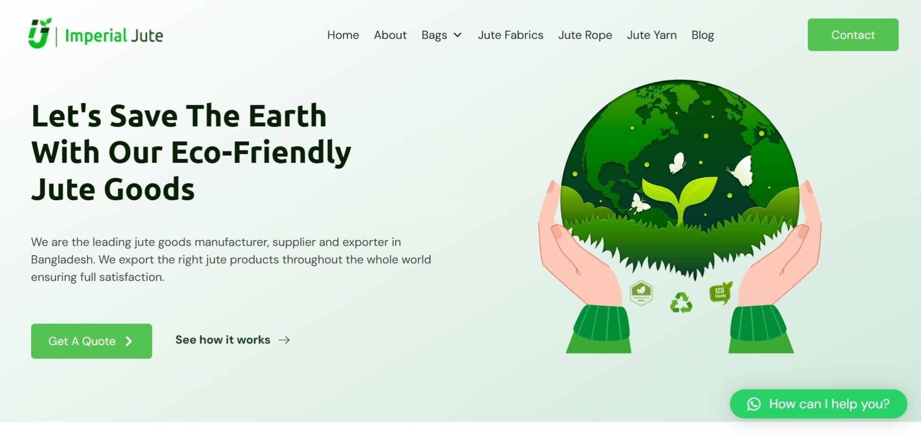 Imperial Jute homepage banner promoting eco-friendly jute goods with illustration of green planet in hands and sustainability message