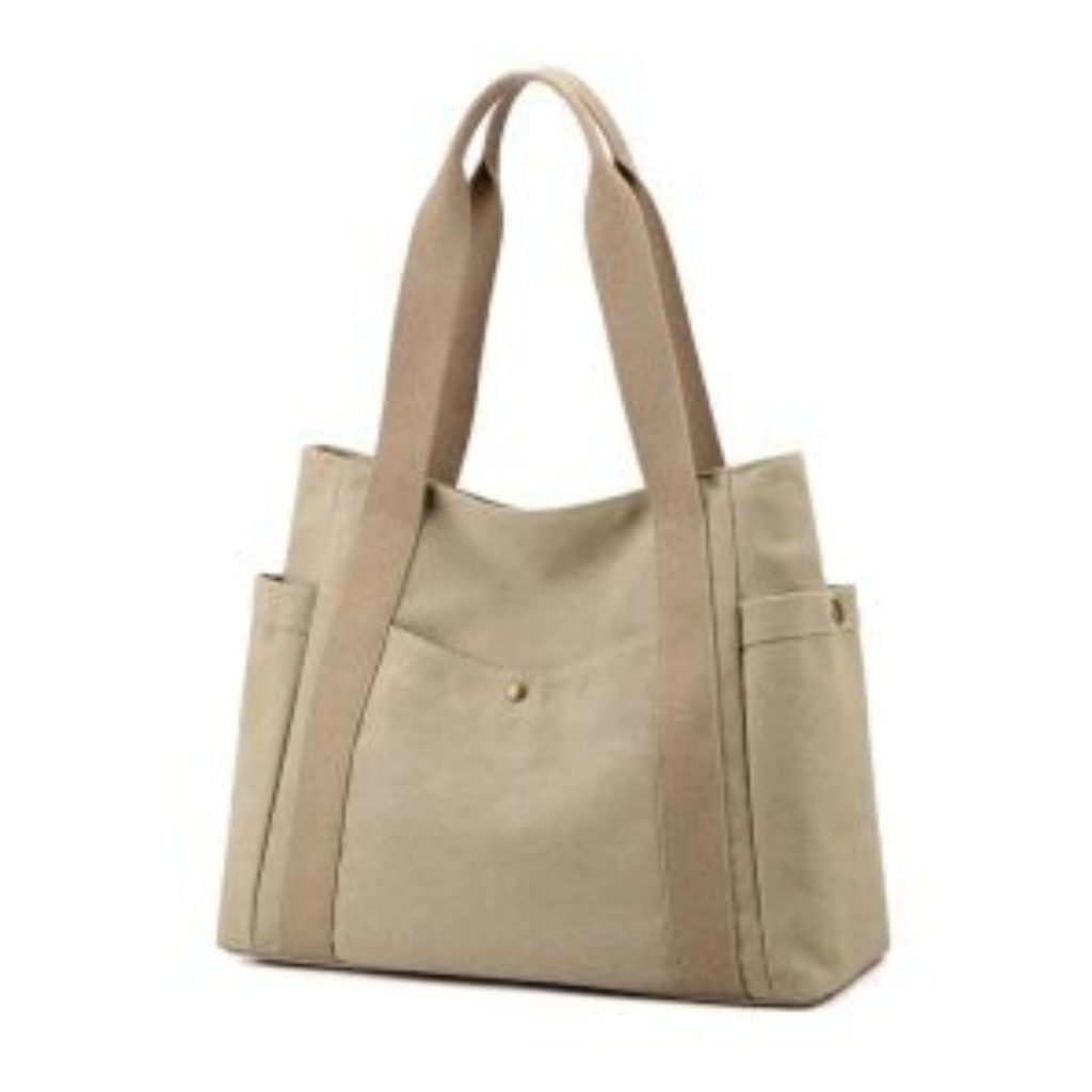 Beige jute tote bag with side pockets and wide brown handles