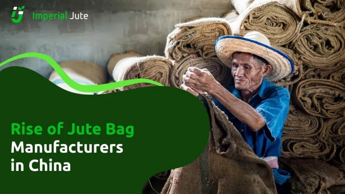 Worker sewing jute bags in China.