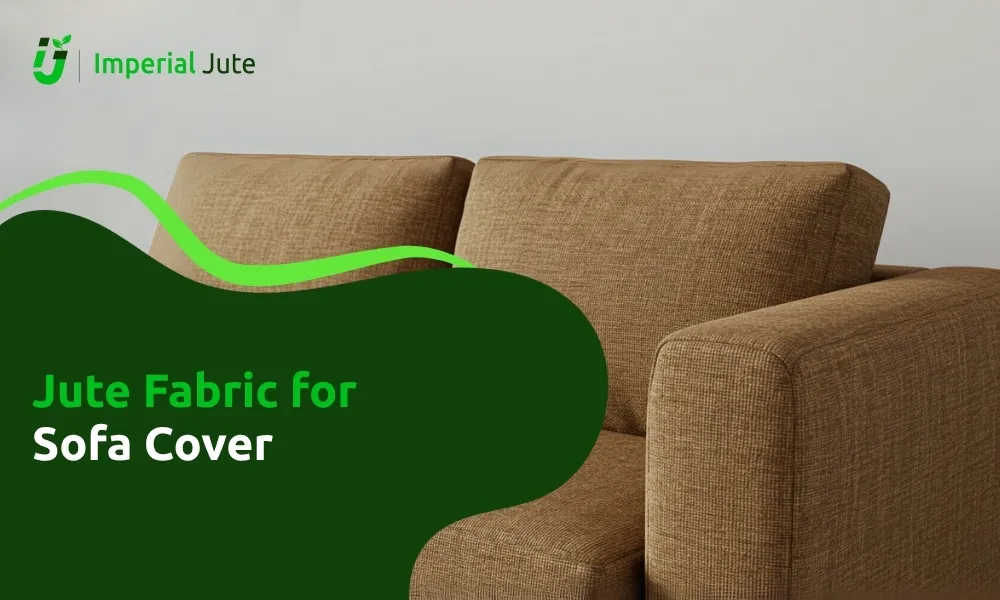 Brown jute fabric sofa cover with branding.