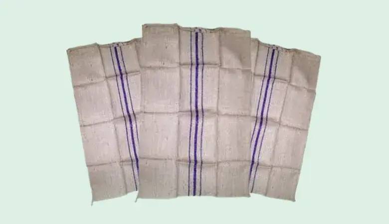 Set of white Standard B jute sacks with blue center stripes displayed on a light background.