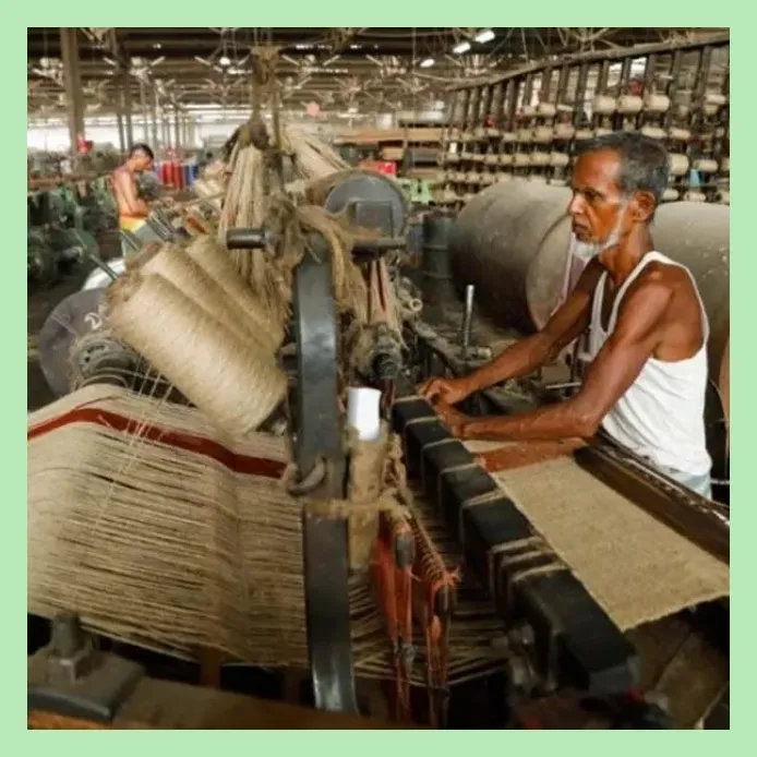 Worker operating jute weaving loom inside a traditional jute mill