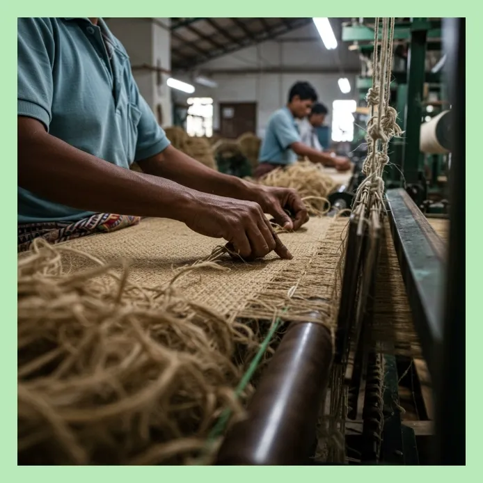 Workers weaving jute fabric manually on industrial looms in a textile factory