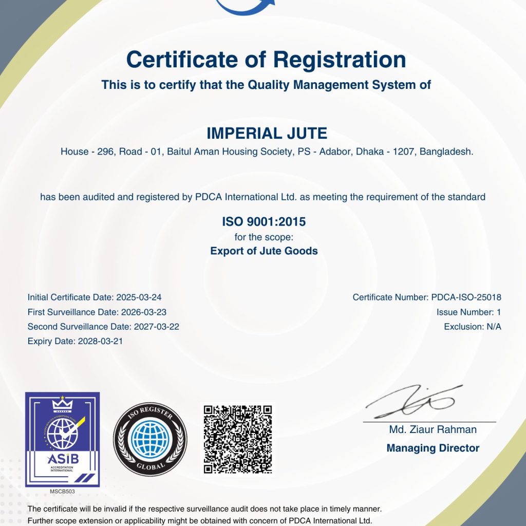 Certificate of Registration ISO 9001-2015 (QMS) at IMPERIAL JUTE