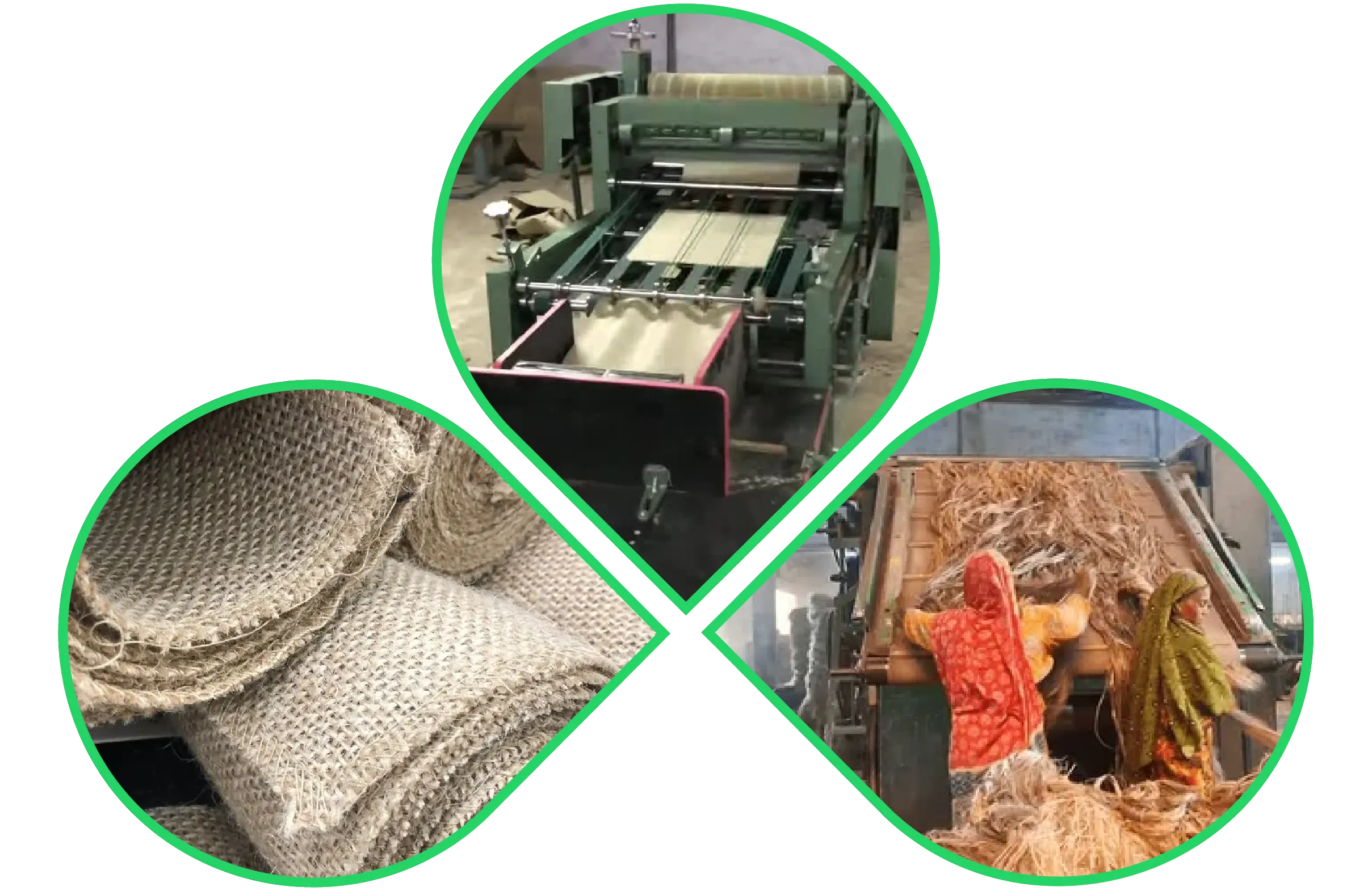 Jute fabric cutting machine, burlap rolls, and women processing raw jute fibers in factory