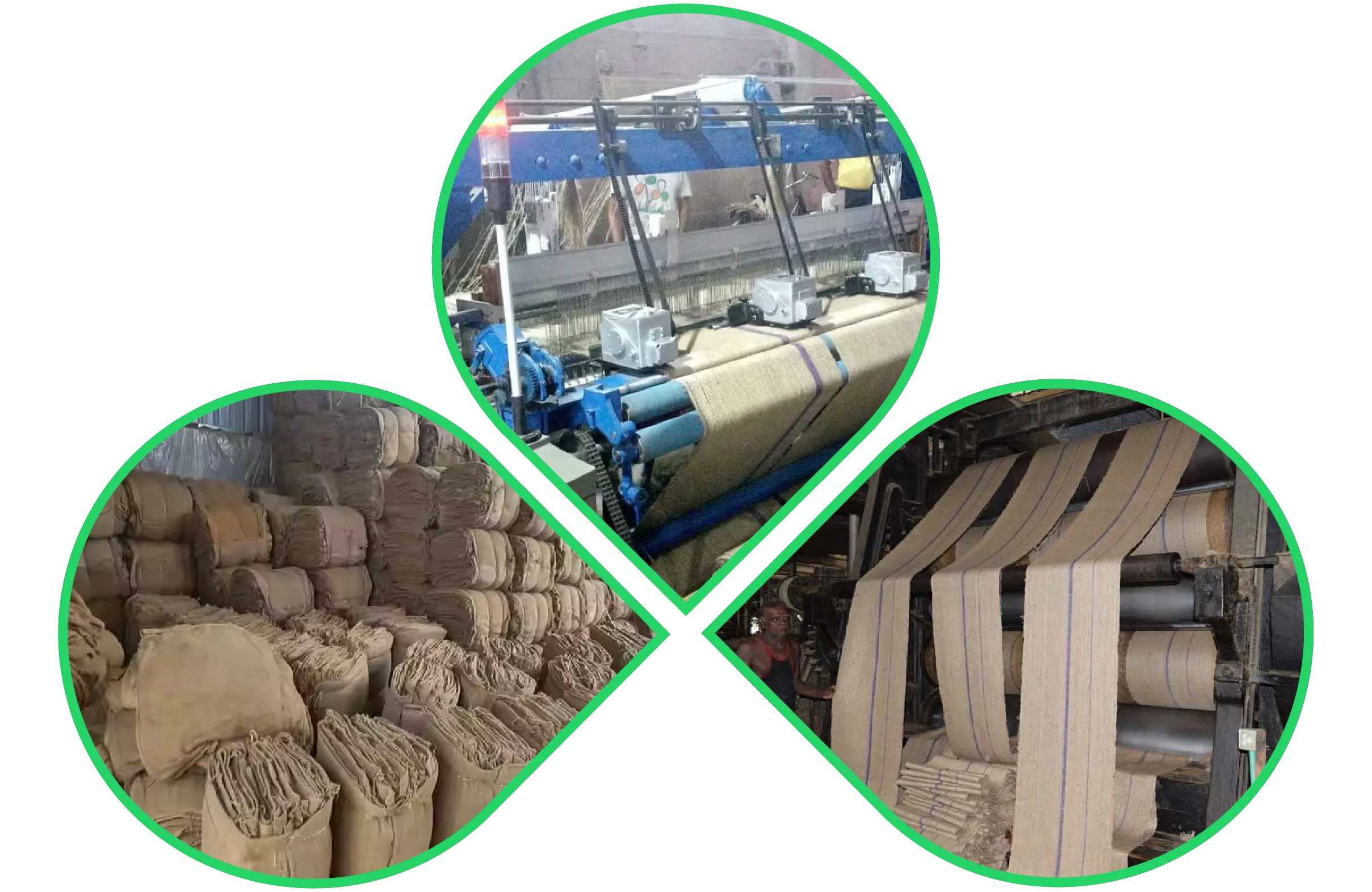 Jute fabric weaving and packaging process in a textile factory with industrial looms and stacked jute rolls