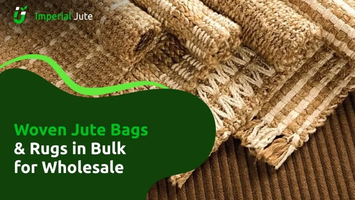 Woven jute rugs and bags stacked for wholesale