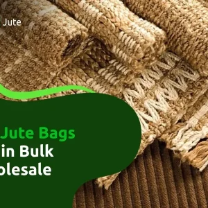 Woven jute rugs and bags stacked for wholesale