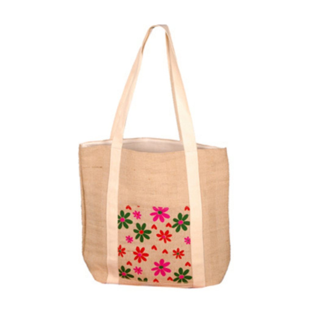 Natural jute tote bag with floral print pocket and white handles