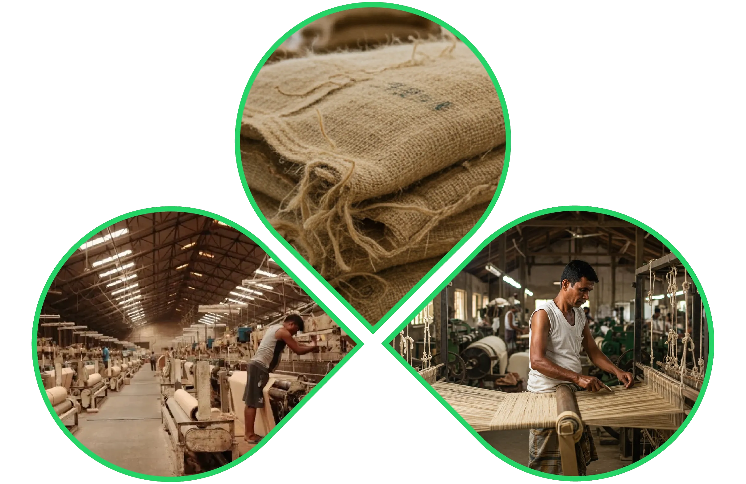 Jute bag manufacturing process showing weaving, fiber preparation, and finished burlap sacks in a textile factory
