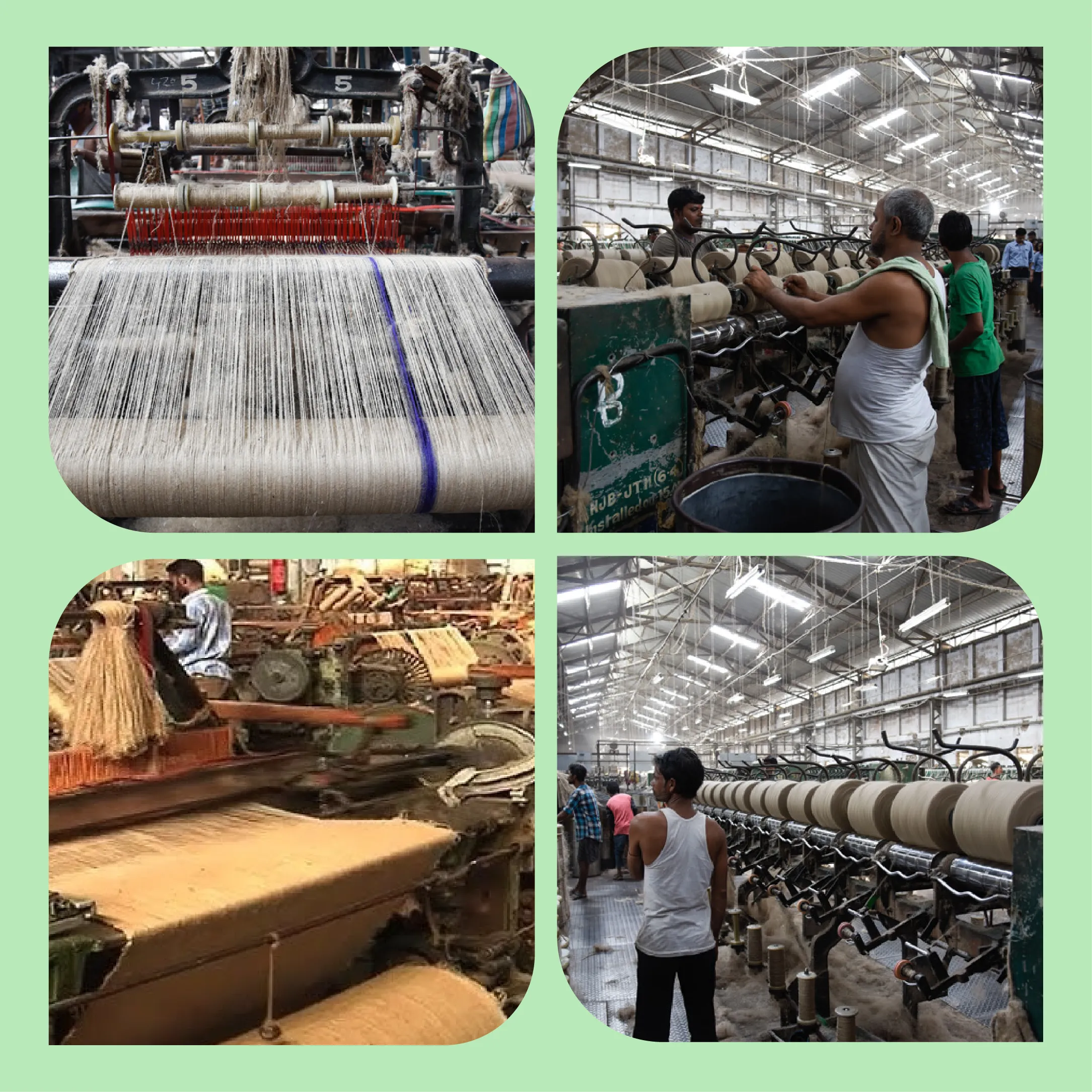 Workers operating jute weaving and processing machines inside a jute textile factory.