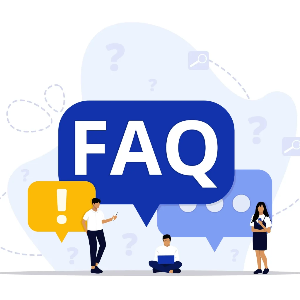 Illustration of three people around large FAQ text with speech bubbles and question marks, representing a frequently asked questions section.